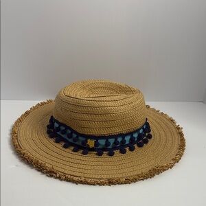 Betsy Johnson Tan Straw Pom Pom hat